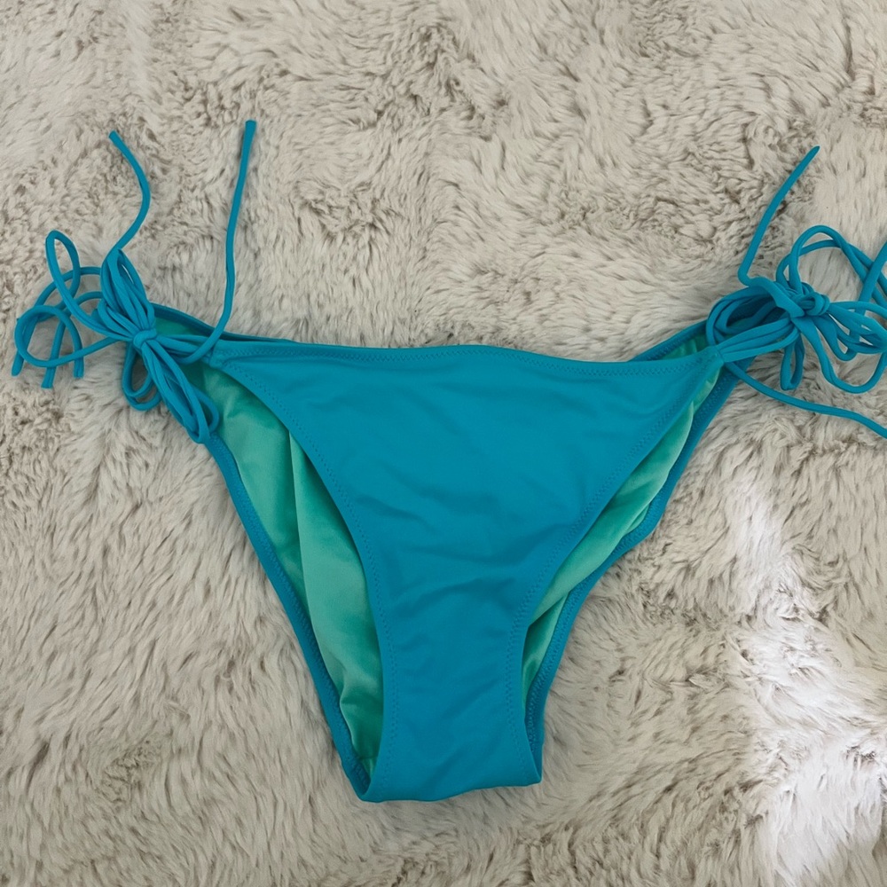 Victorias Secret blue ruched cheeky bikini swim bottom fringe ties size medium